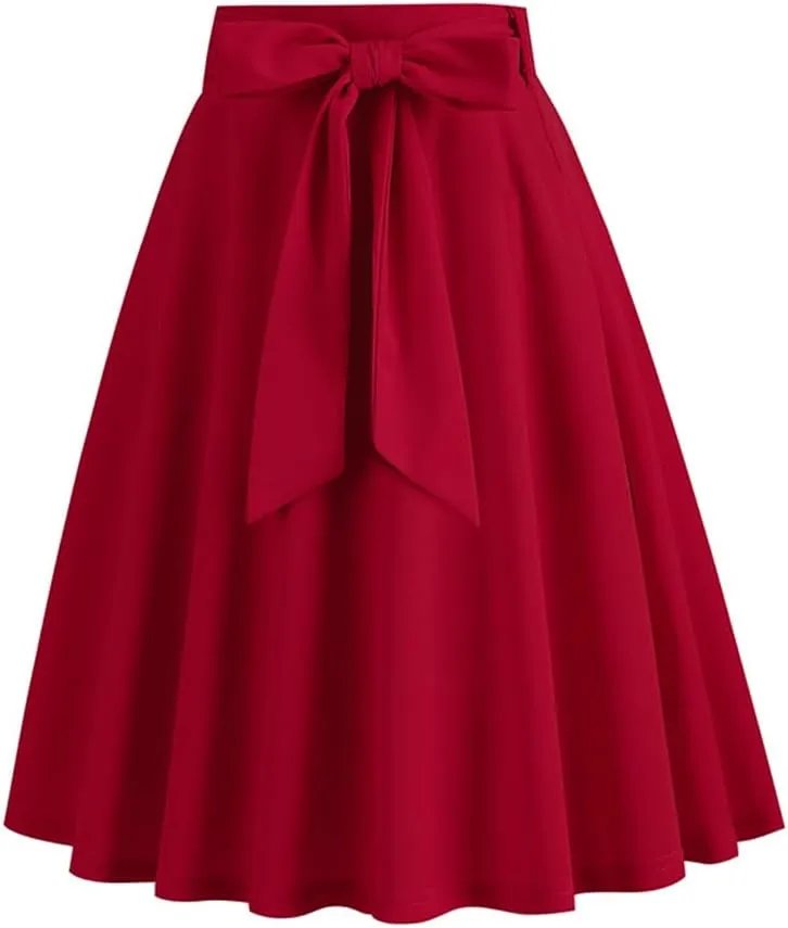 Sorrica Women's Vintage Pleated Midi Skirts High Waist A-line Flared Skater Skirts with Pockets