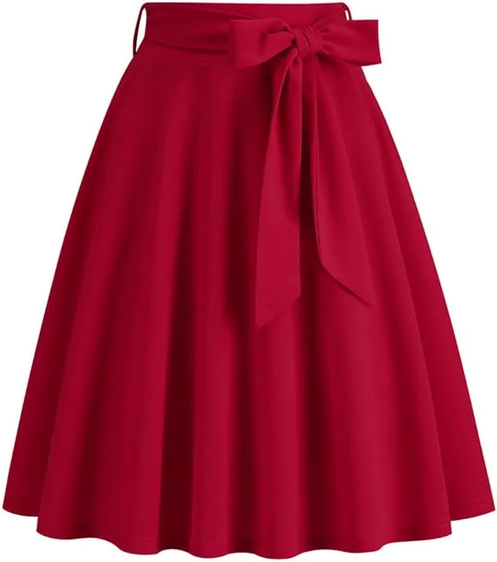 Sorrica Women's Vintage Pleated Midi Skirts High Waist A-line Flared Skater Skirts with Pockets