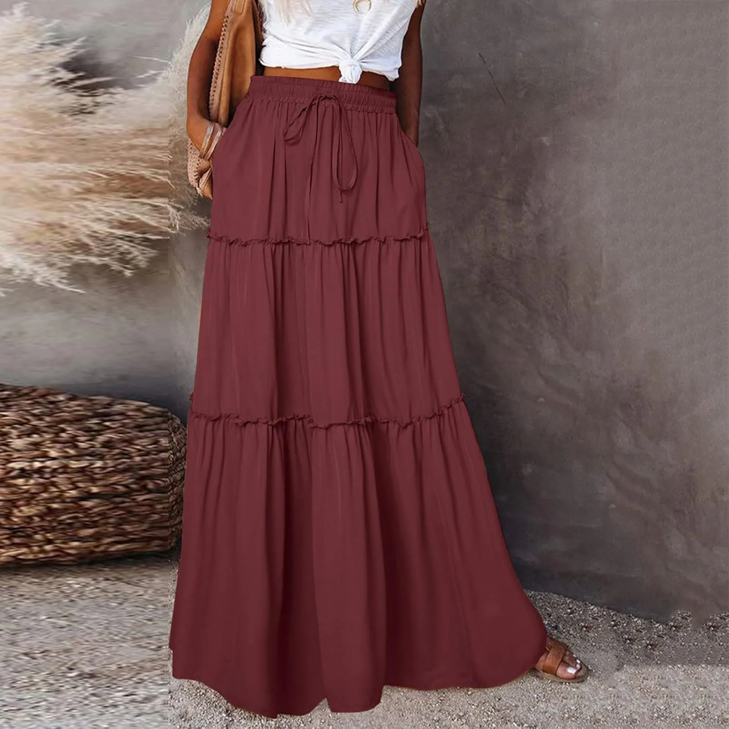 Summer Boho Floral Mixi Skirts for Women Girls A-Line Long Pleated Waist Flowy Swing Tiered Long Skirt with Pockets