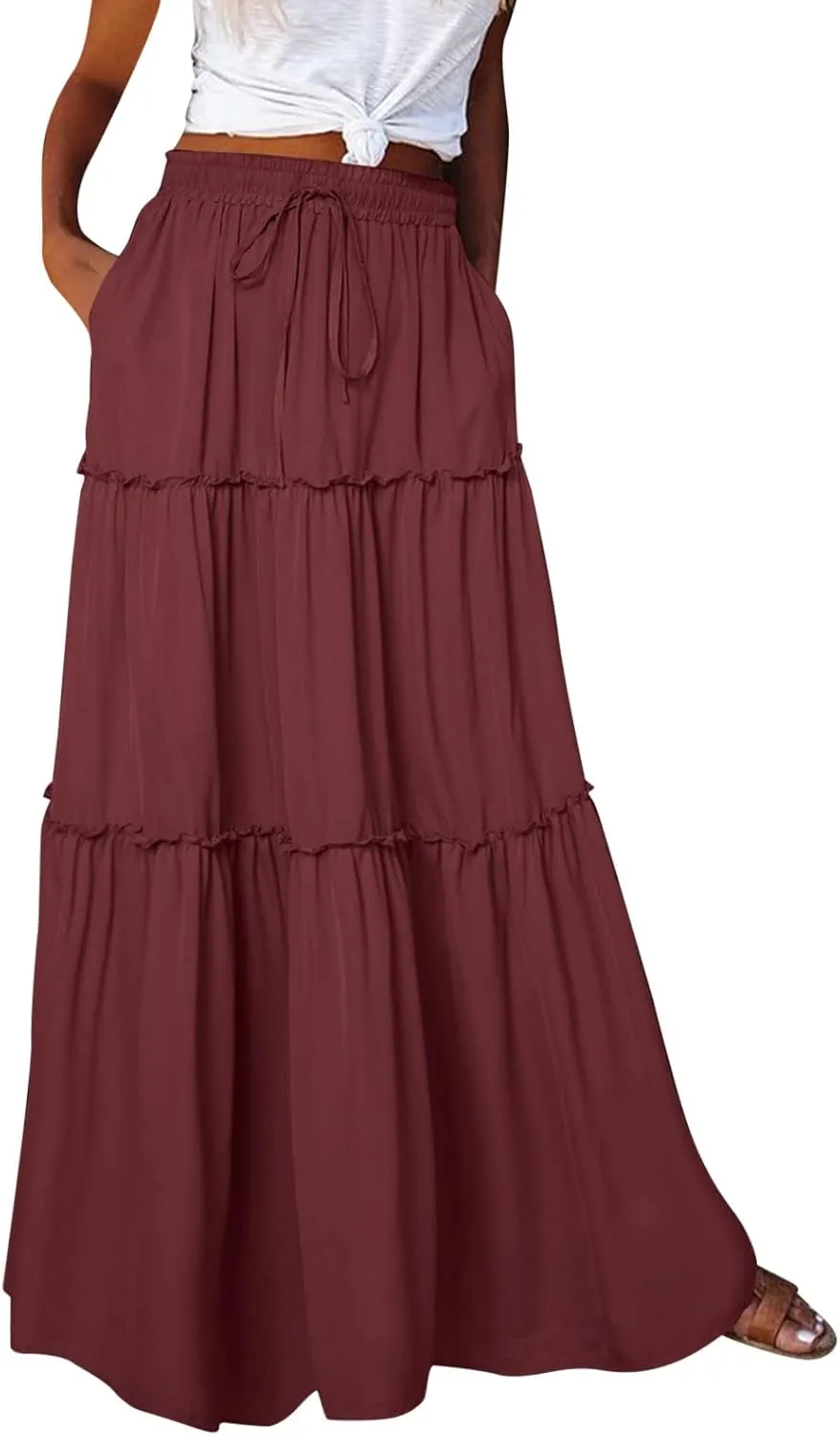 Summer Boho Floral Mixi Skirts for Women Girls A-Line Long Pleated Waist Flowy Swing Tiered Long Skirt with Pockets