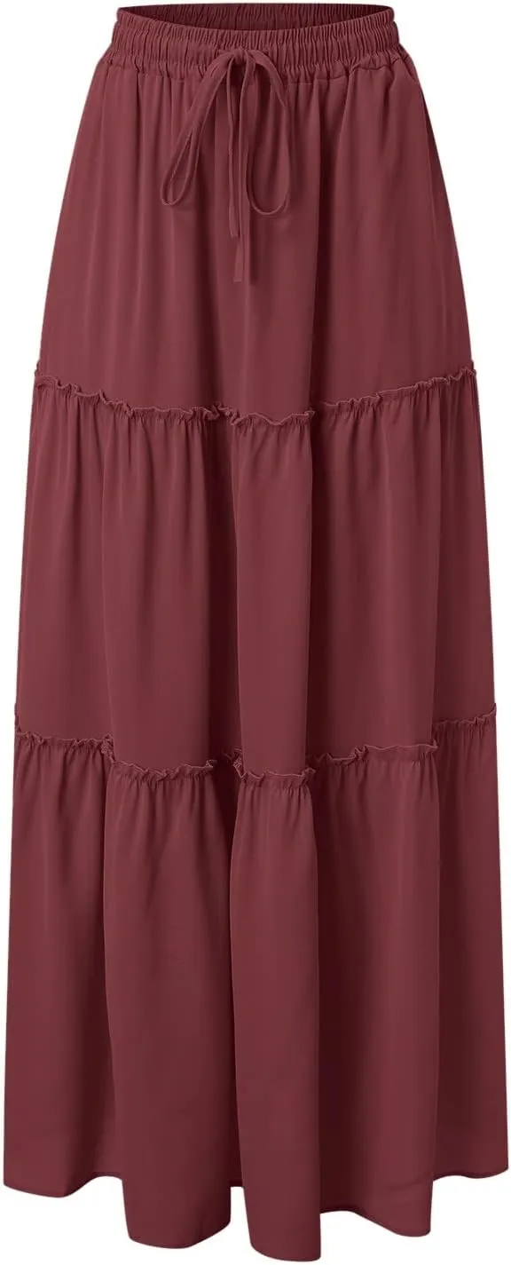 Summer Boho Floral Mixi Skirts for Women Girls A-Line Long Pleated Waist Flowy Swing Tiered Long Skirt with Pockets