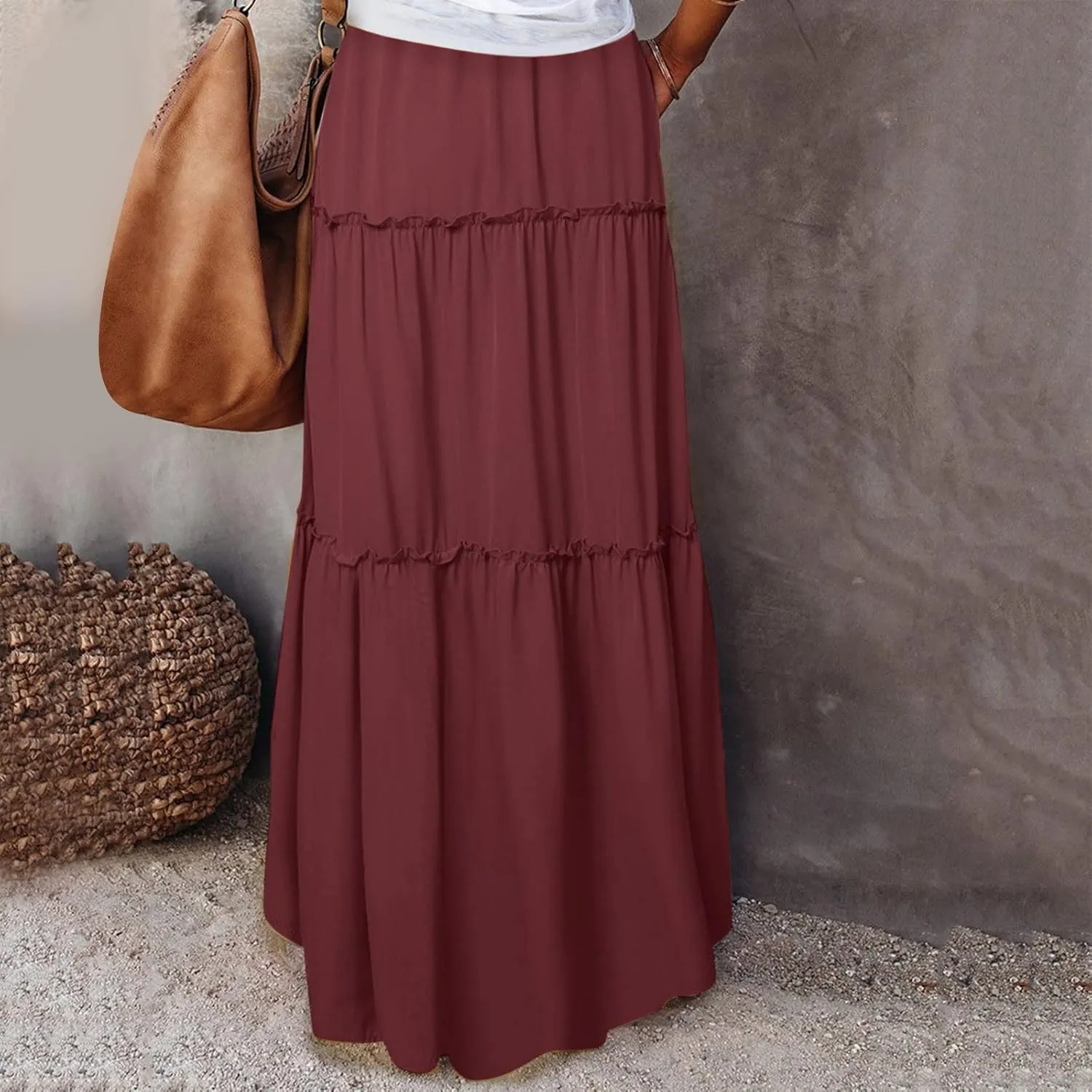 Summer Boho Floral Mixi Skirts for Women Girls A-Line Long Pleated Waist Flowy Swing Tiered Long Skirt with Pockets