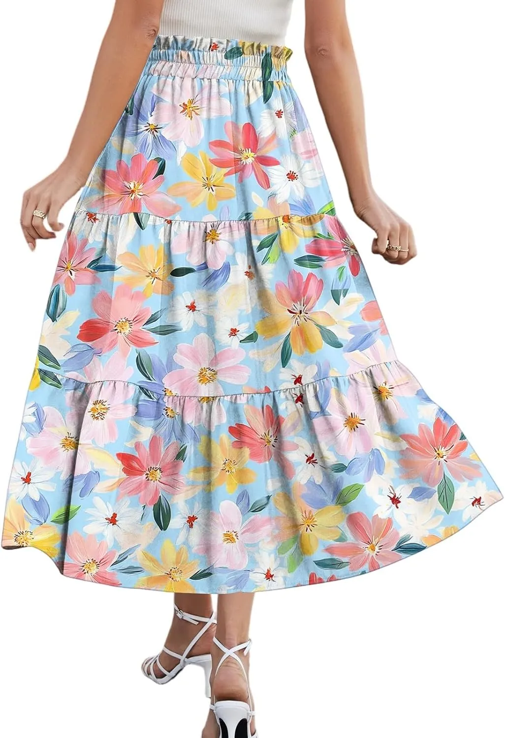 Summer Floral Midi Skirt for Women Comfy Tiered Elastic High Waisted Vacation A-Line Flowy Swing Long