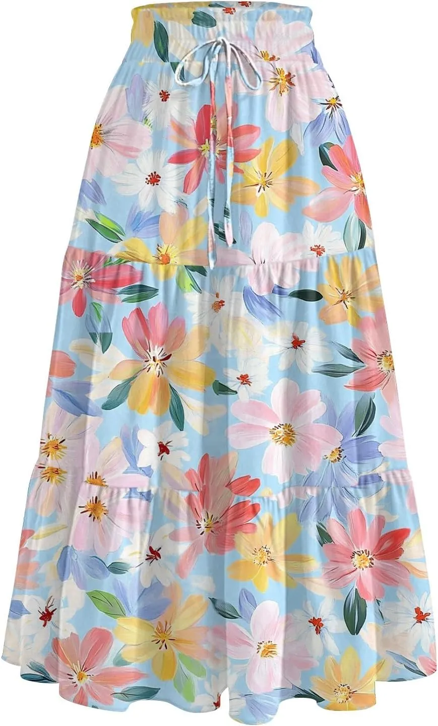 Summer Floral Midi Skirt for Women Comfy Tiered Elastic High Waisted Vacation A-Line Flowy Swing Long