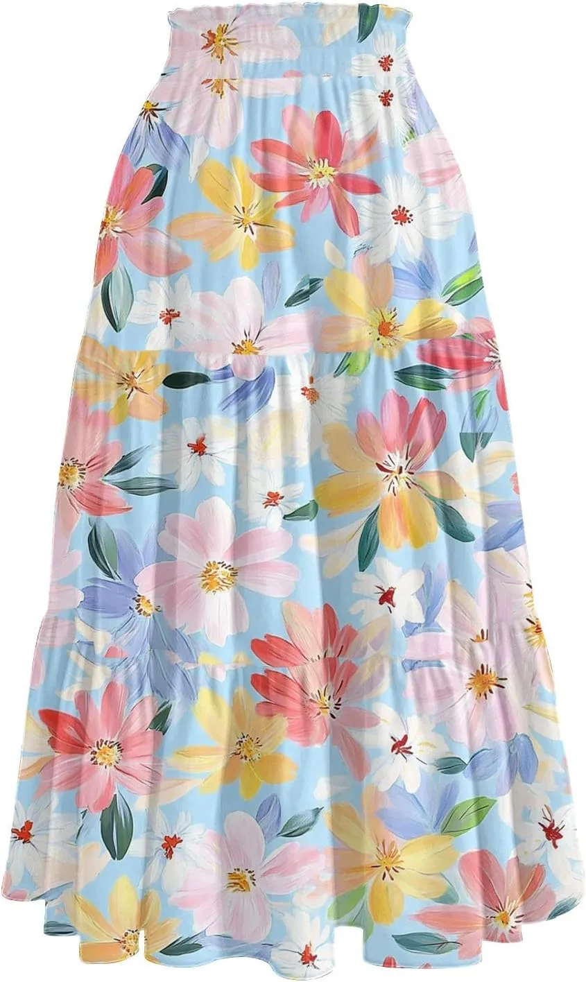 Summer Floral Midi Skirt for Women Comfy Tiered Elastic High Waisted Vacation A-Line Flowy Swing Long