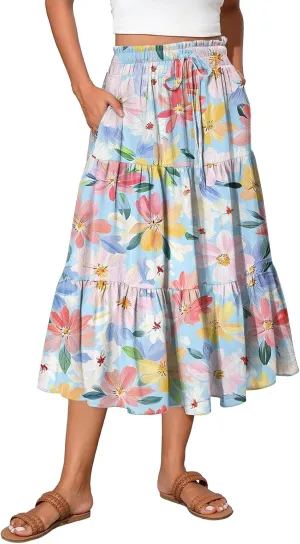 Summer Floral Midi Skirt for Women Comfy Tiered Elastic High Waisted Vacation A-Line Flowy Swing Long