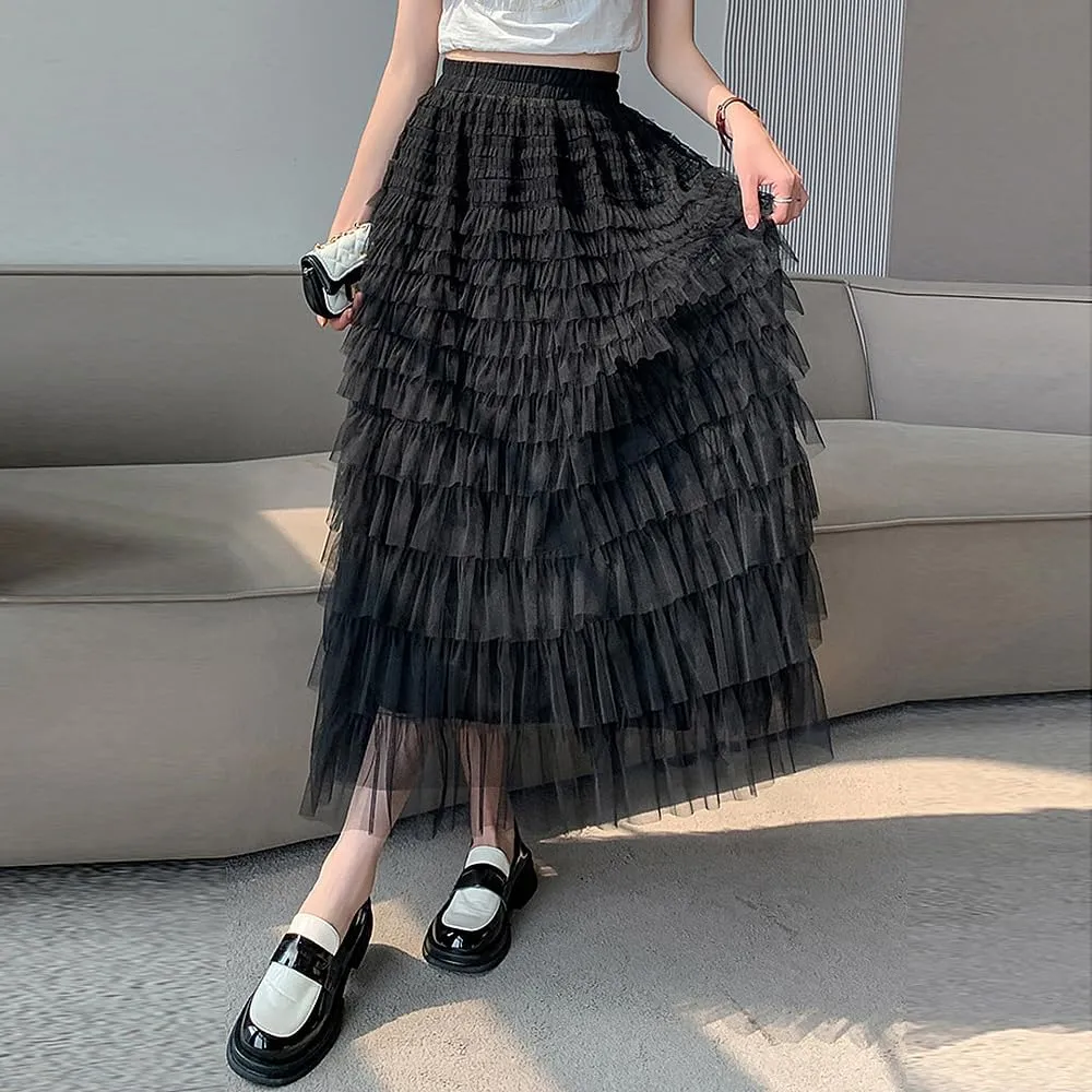 Summer Lovely Cake Layered Elastic Waist Tulle A Line Women Maxi Skirt