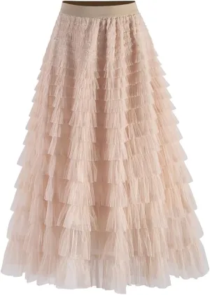 Summer Lovely Cake Layered Elastic Waist Tulle A Line Women Maxi Skirt