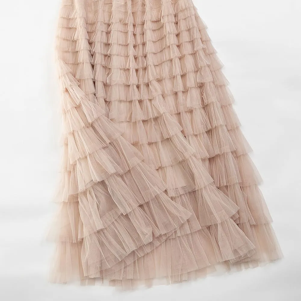 Summer Lovely Cake Layered Elastic Waist Tulle A Line Women Maxi Skirt
