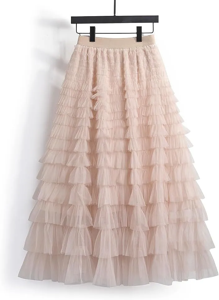 Summer Lovely Cake Layered Elastic Waist Tulle A Line Women Maxi Skirt