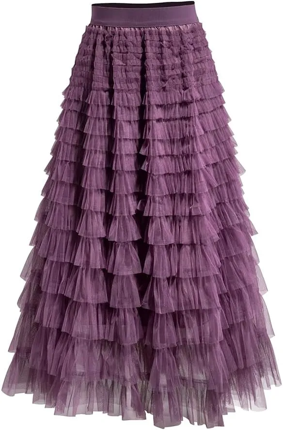 Summer Lovely Cake Layered Elastic Waist Tulle A Line Women Maxi Skirt