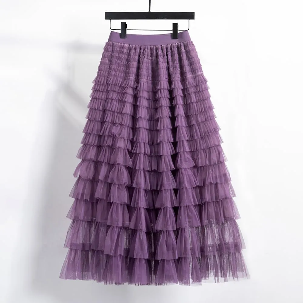Summer Lovely Cake Layered Elastic Waist Tulle A Line Women Maxi Skirt