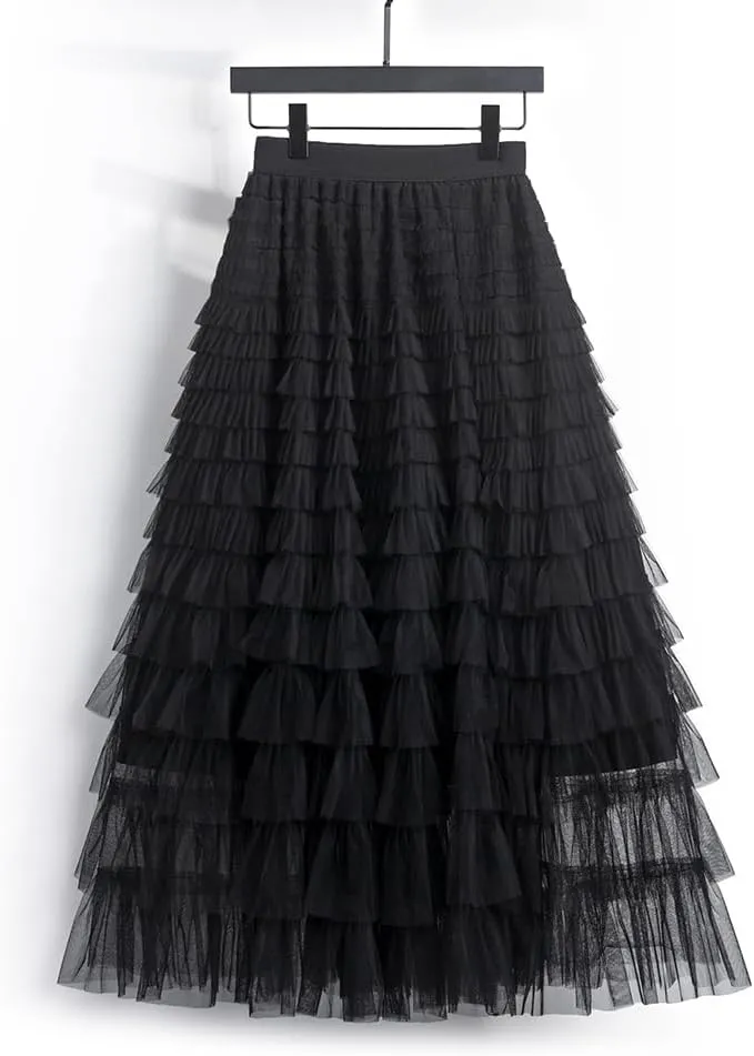 Summer Lovely Cake Layered Elastic Waist Tulle A Line Women Maxi Skirt