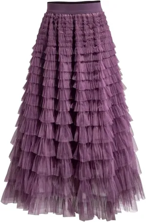 Summer Lovely Cake Layered Elastic Waist Tulle A Line Women Maxi Skirt