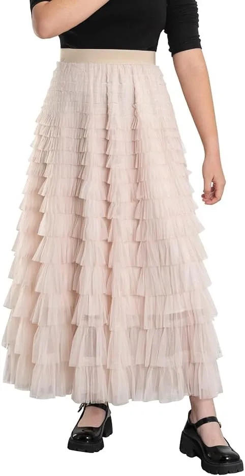 Summer Lovely Cake Layered Elastic Waist Tulle A Line Women Maxi Skirt