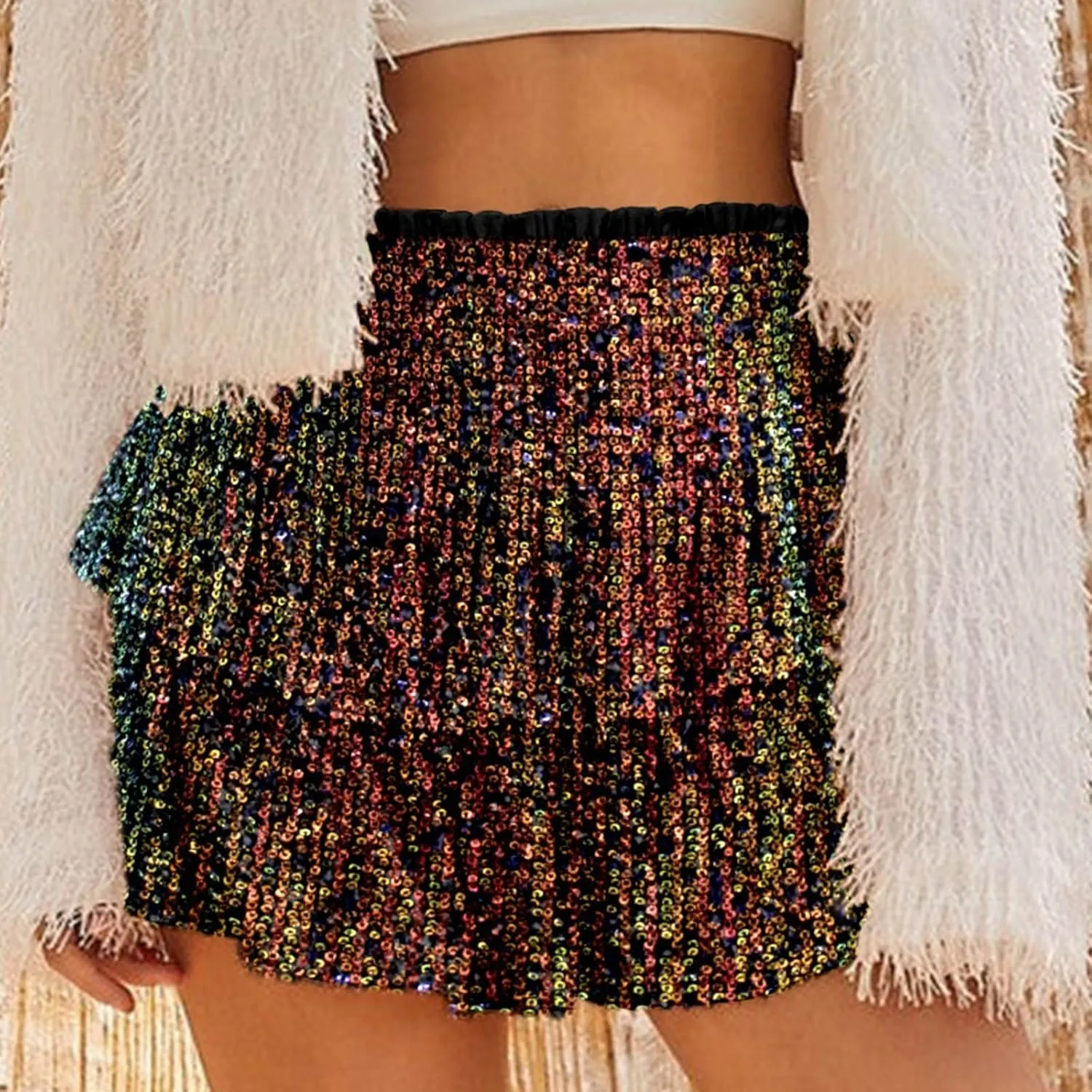 Summer Pleated Skirt for Women Sequin Invisible Zipper Short Skirt Solid Color Prom Party Casual Tiered Skirts