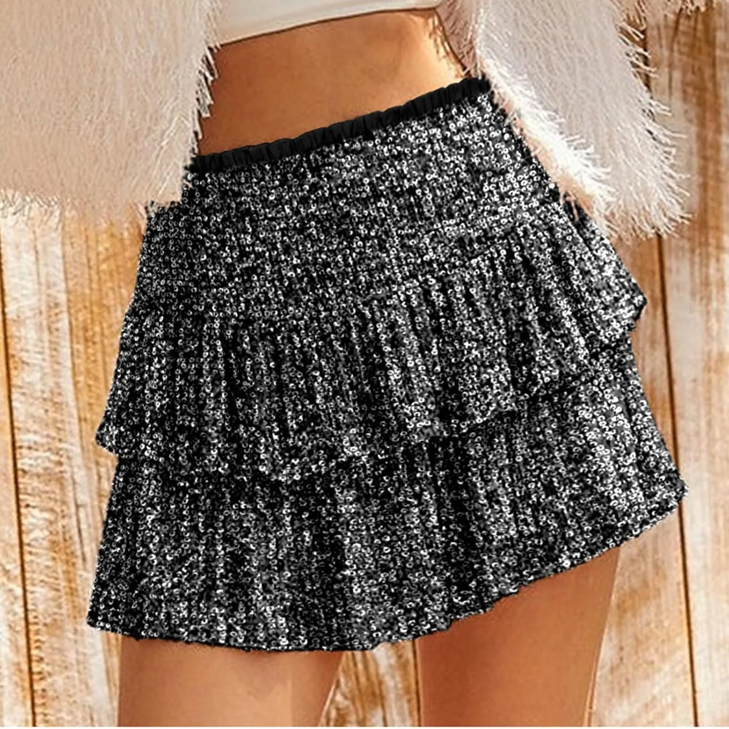 Summer Pleated Skirt for Women Sequin Invisible Zipper Short Skirt Solid Color Prom Party Casual Tiered Skirts