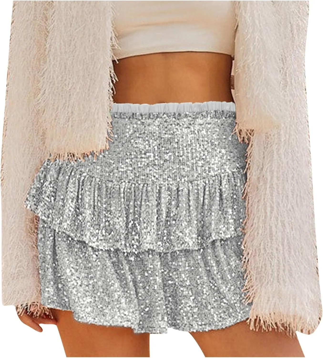 Summer Pleated Skirt for Women Sequin Invisible Zipper Short Skirt Solid Color Prom Party Casual Tiered Skirts