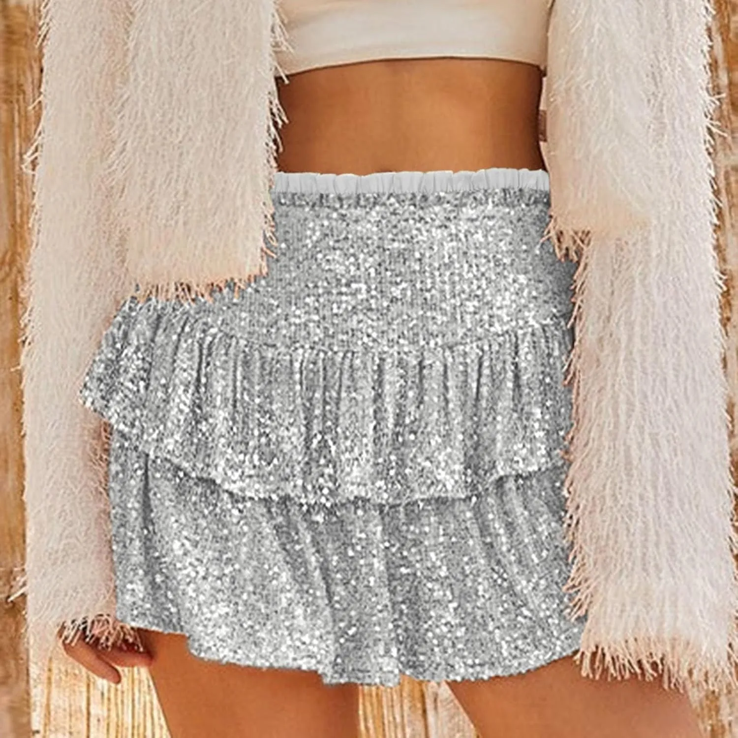 Summer Pleated Skirt for Women Sequin Invisible Zipper Short Skirt Solid Color Prom Party Casual Tiered Skirts
