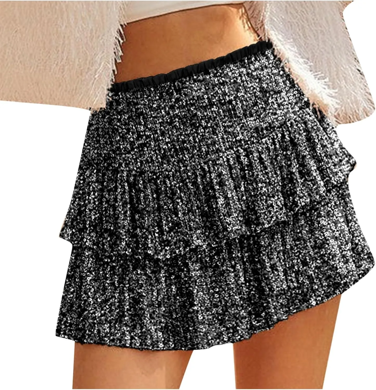Summer Pleated Skirt for Women Sequin Invisible Zipper Short Skirt Solid Color Prom Party Casual Tiered Skirts