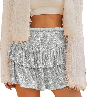 Summer Pleated Skirt for Women Sequin Invisible Zipper Short Skirt Solid Color Prom Party Casual Tiered Skirts