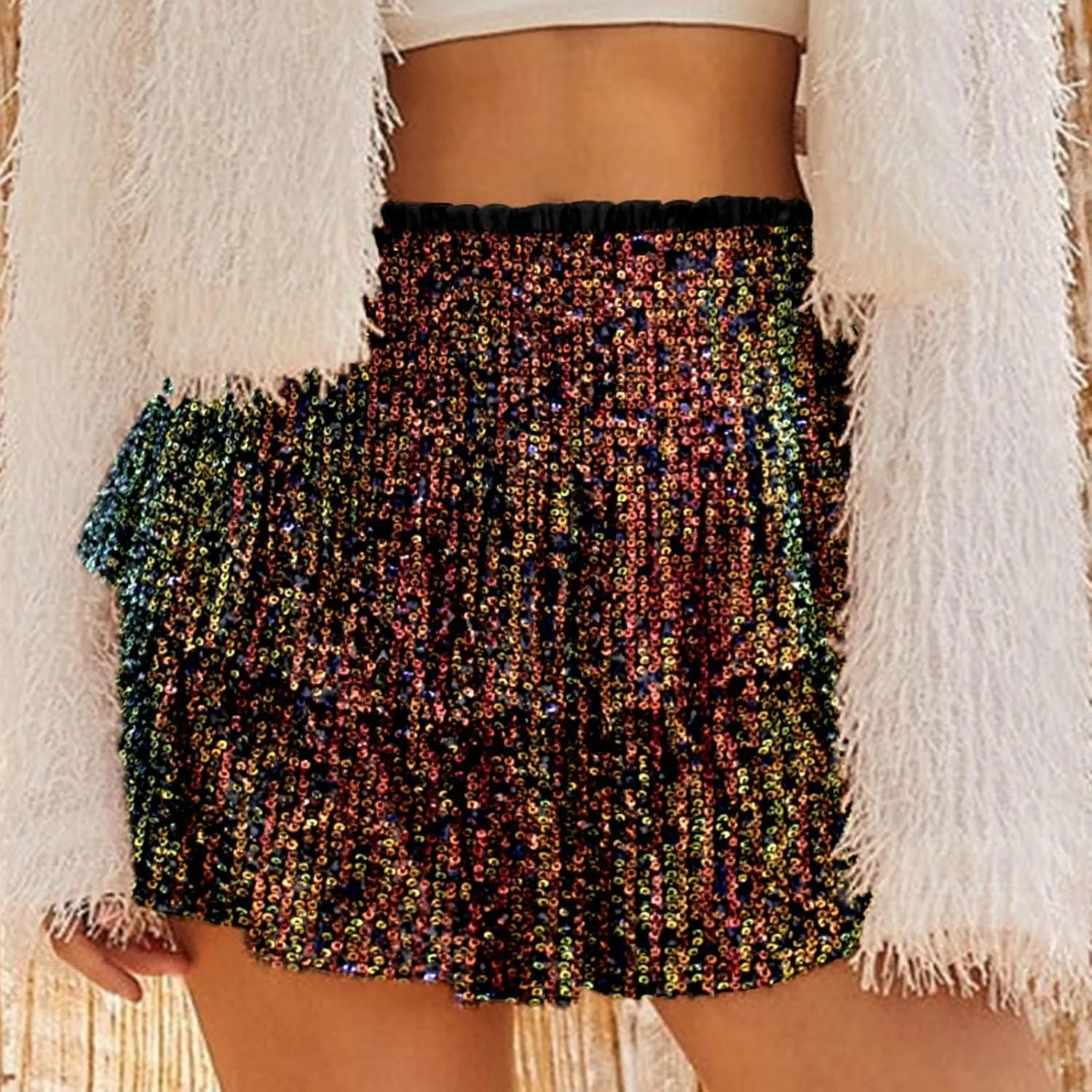 Summer Pleated Skirt for Women Sequin Invisible Zipper Short Skirt Solid Color Prom Party Casual Tiered Skirts