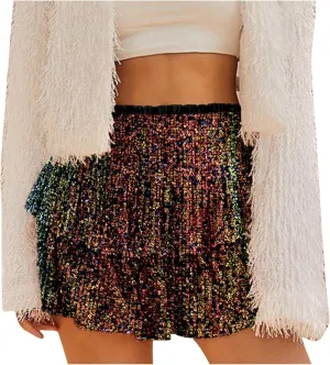 Summer Pleated Skirt for Women Sequin Invisible Zipper Short Skirt Solid Color Prom Party Casual Tiered Skirts