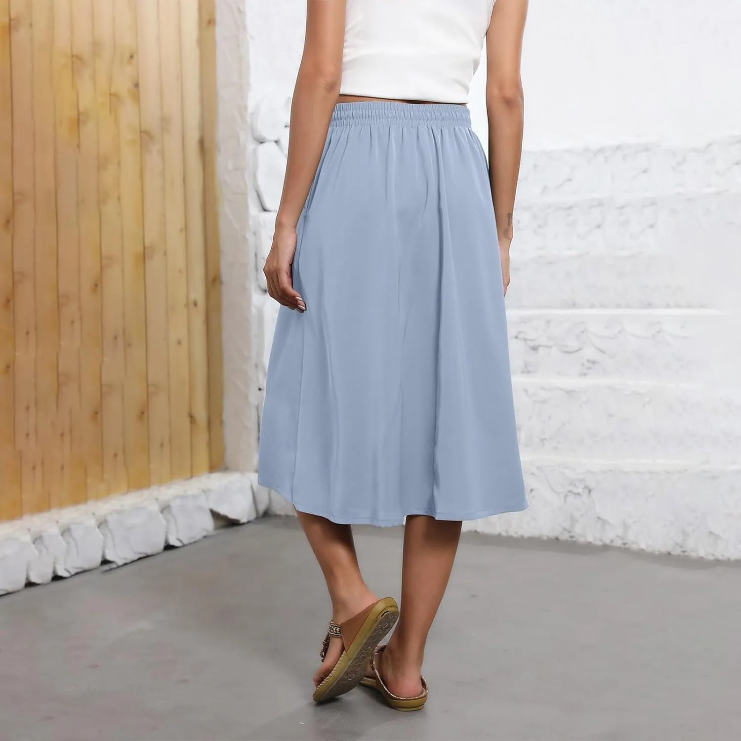 Summer Skirts for Women 2025 Midi Length Elastic High Waist Boho Floral Pleated A Line Skirts with Pockets Beach Coverups