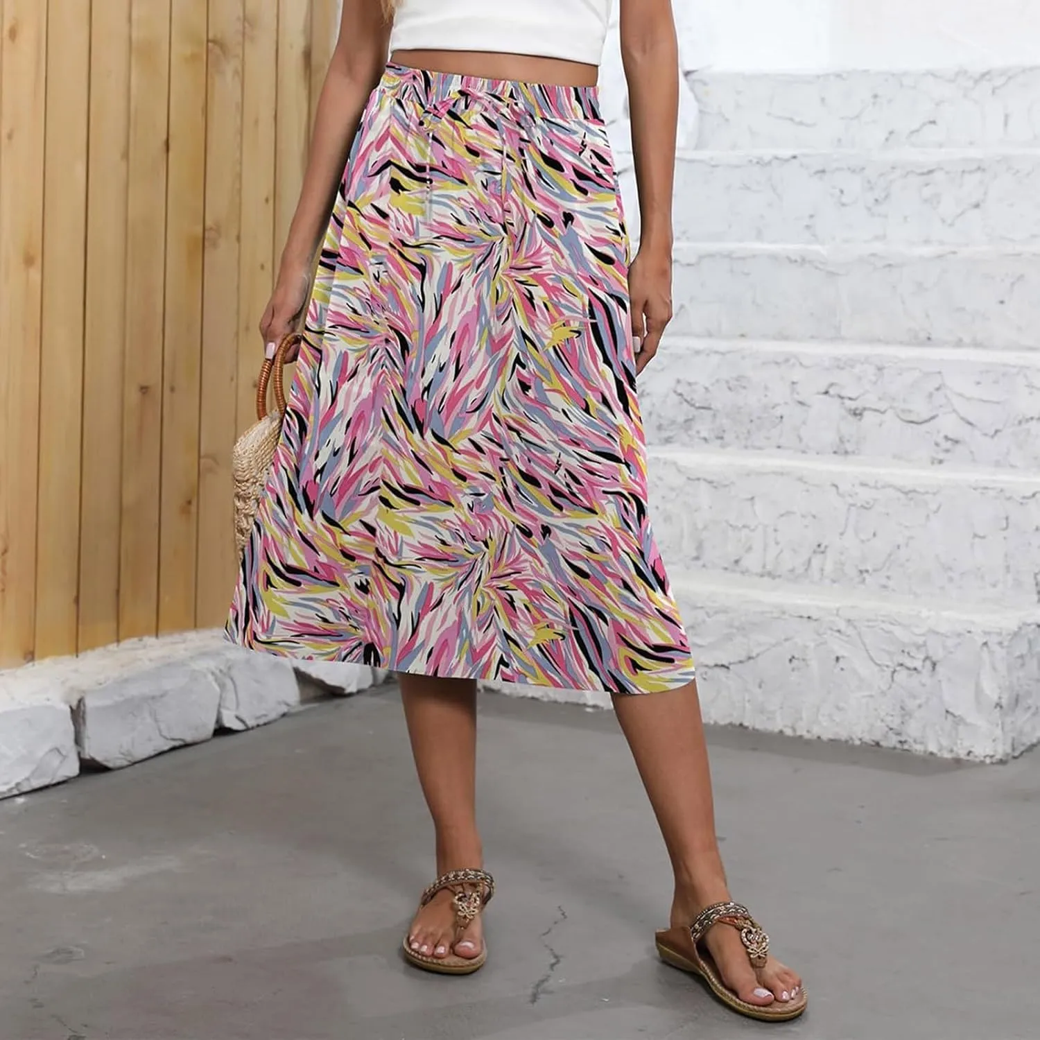 Summer Skirts for Women 2025 Midi Length Elastic High Waist Boho Floral Pleated A Line Skirts with Pockets Beach Coverups