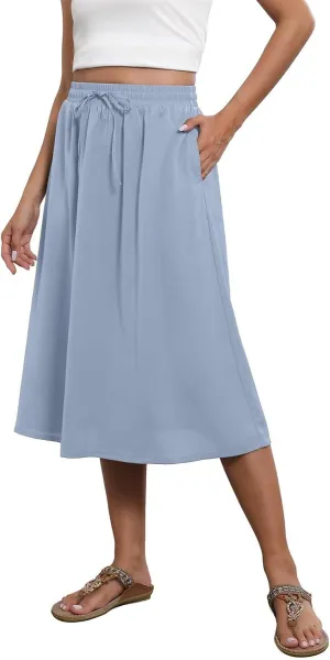 Summer Skirts for Women 2025 Midi Length Elastic High Waist Boho Floral Pleated A Line Skirts with Pockets Beach Coverups