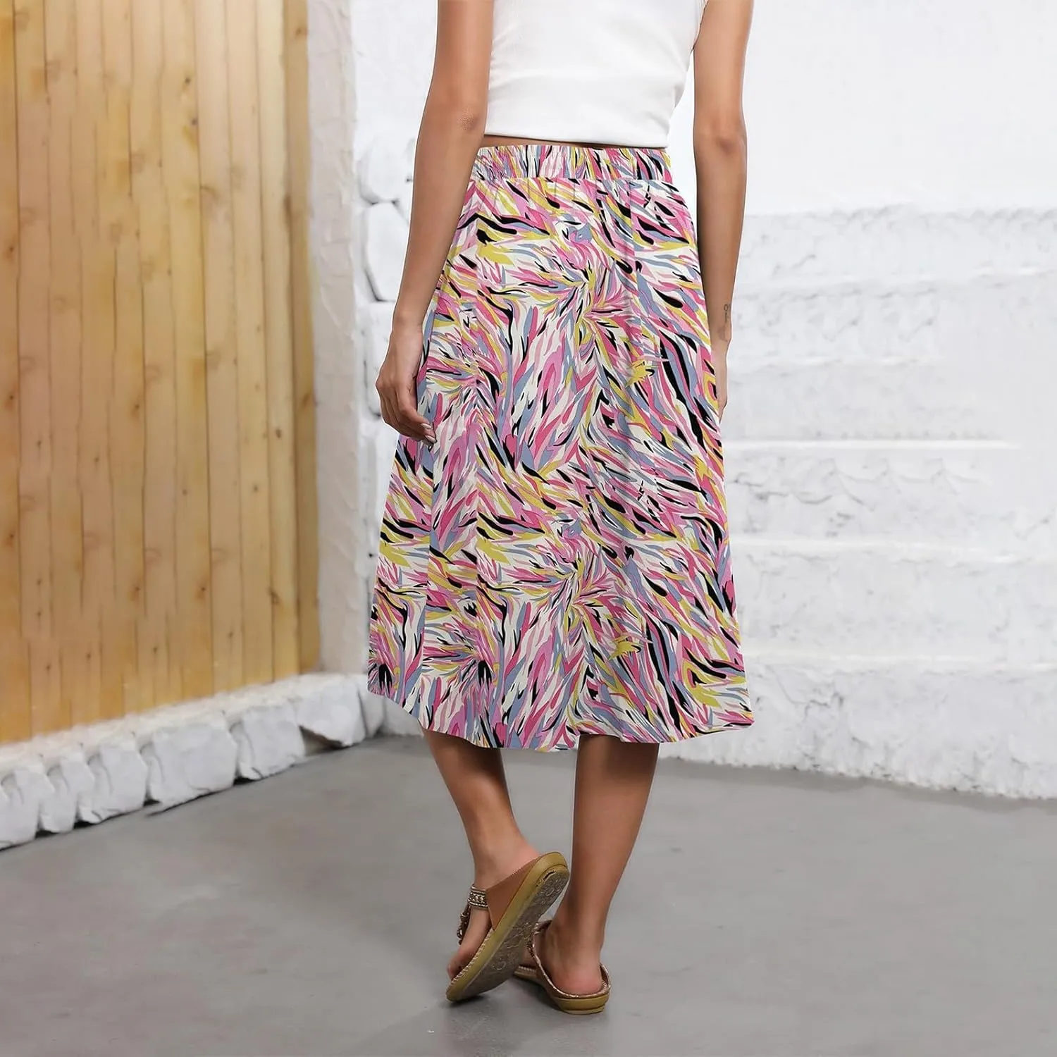 Summer Skirts for Women 2025 Midi Length Elastic High Waist Boho Floral Pleated A Line Skirts with Pockets Beach Coverups