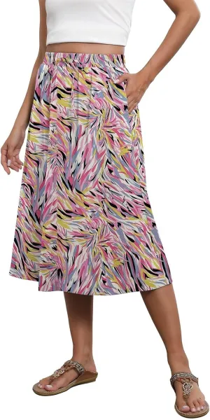 Summer Skirts for Women 2025 Midi Length Elastic High Waist Boho Floral Pleated A Line Skirts with Pockets Beach Coverups