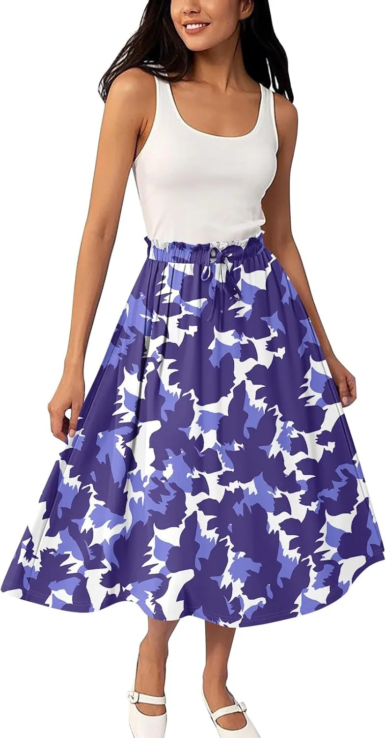 Summer Skirts for Women Midi Boho Drawstring Elastic High Waist Knee Length Skirts A Line Floral Pleated Skirt