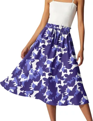 Summer Skirts for Women Midi Boho Drawstring Elastic High Waist Knee Length Skirts A Line Floral Pleated Skirt