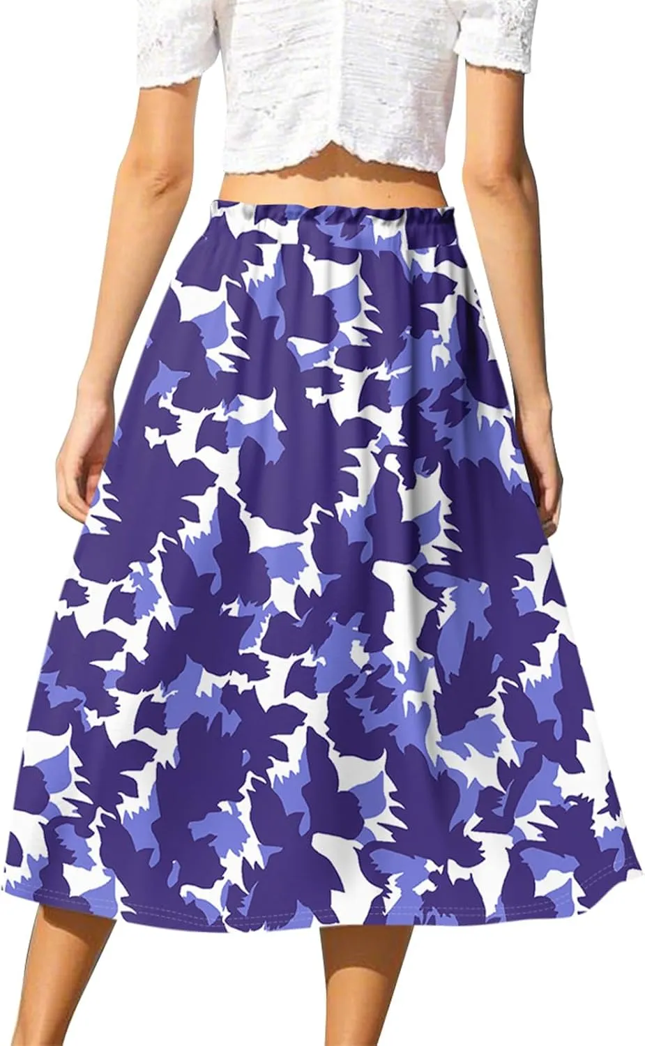 Summer Skirts for Women Midi Boho Drawstring Elastic High Waist Knee Length Skirts A Line Floral Pleated Skirt