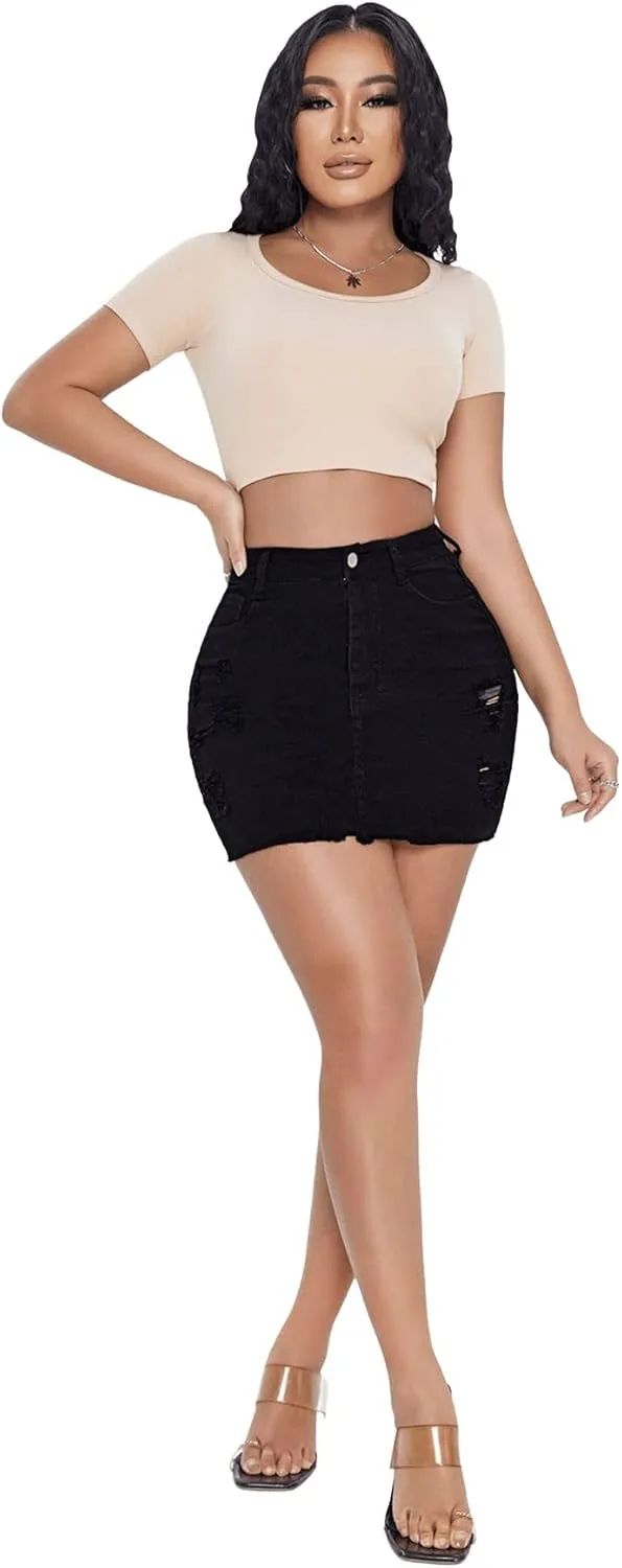 SweatyRocks Women's Casual Ripped Jean Skirt High Waist Raw Hem Mini Denim Skirts