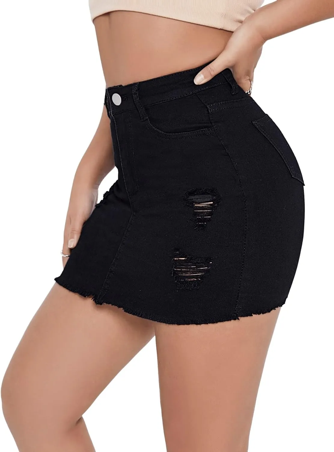 SweatyRocks Women's Casual Ripped Jean Skirt High Waist Raw Hem Mini Denim Skirts