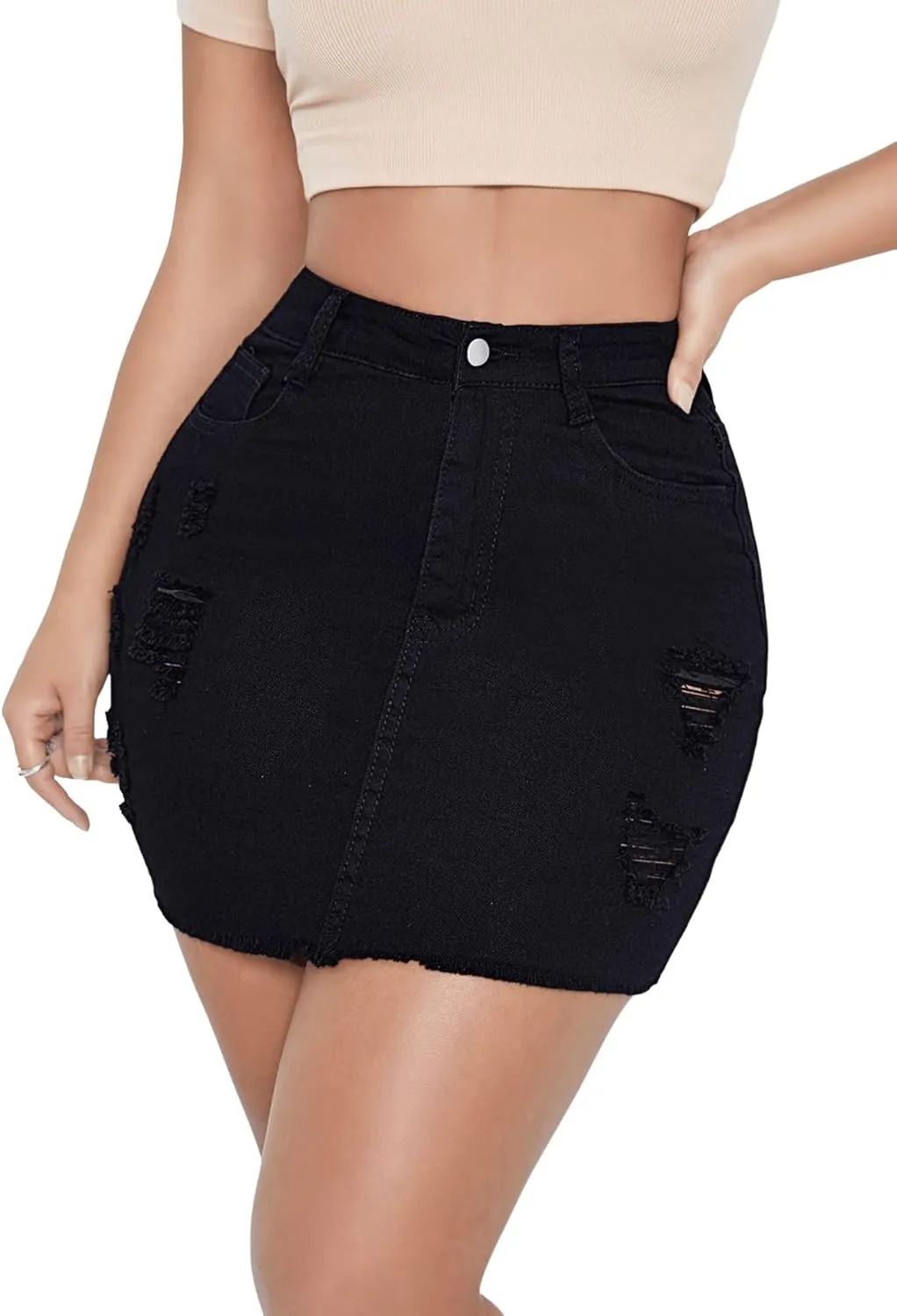 SweatyRocks Women's Casual Ripped Jean Skirt High Waist Raw Hem Mini Denim Skirts