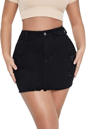 SweatyRocks Women's Casual Ripped Jean Skirt High Waist Raw Hem Mini Denim Skirts