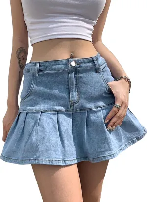Tanming Women's Pleated Jean Skirt Casual A-Line Ruffle Y2K Mini Denim Skirt