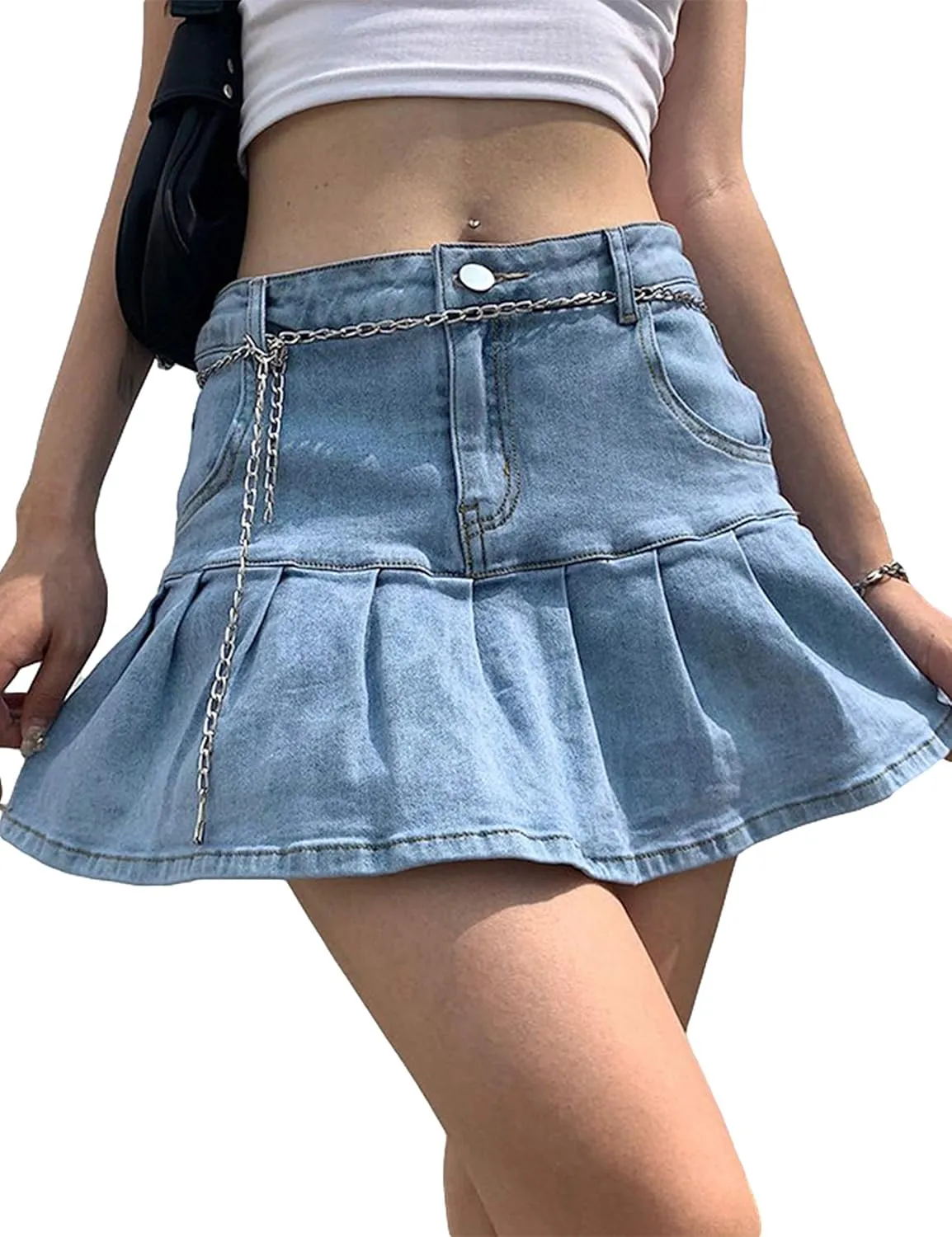 Tanming Women's Pleated Jean Skirt Casual A-Line Ruffle Y2K Mini Denim Skirt