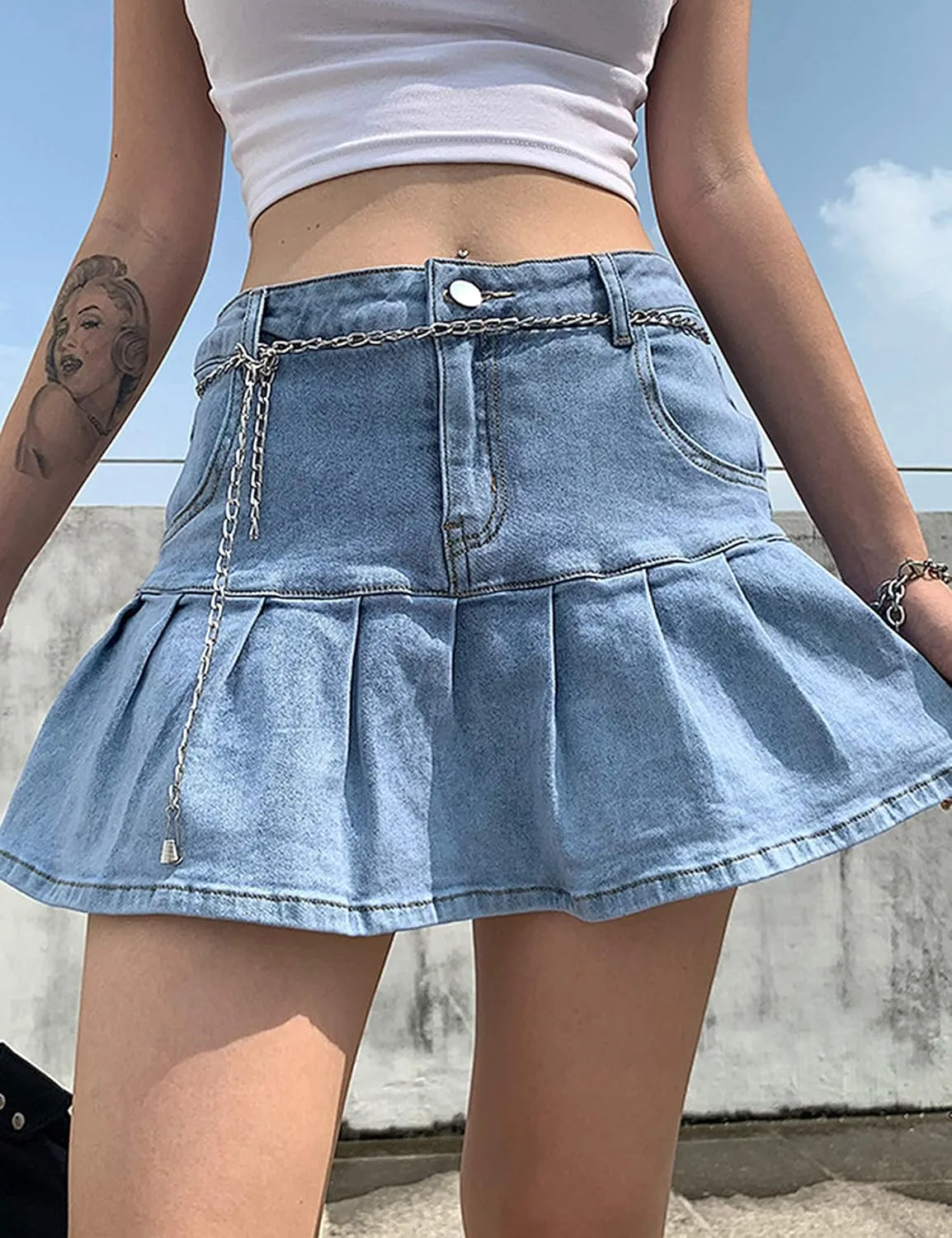 Tanming Women's Pleated Jean Skirt Casual A-Line Ruffle Y2K Mini Denim Skirt
