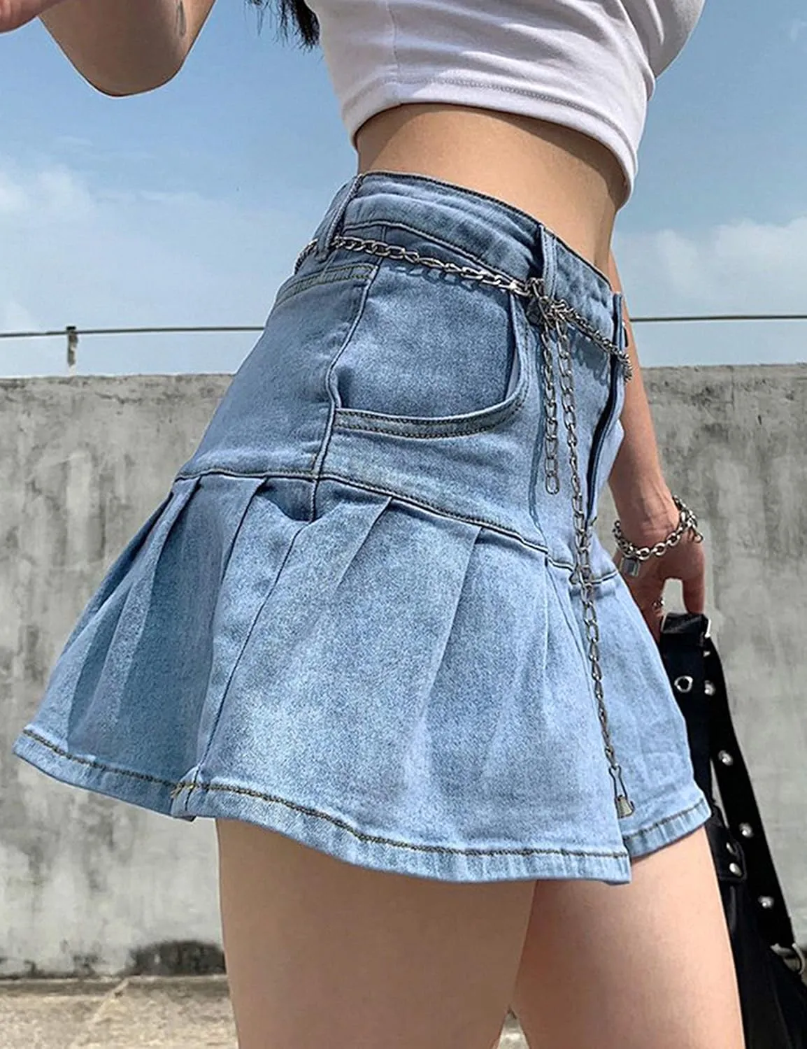 Tanming Women's Pleated Jean Skirt Casual A-Line Ruffle Y2K Mini Denim Skirt