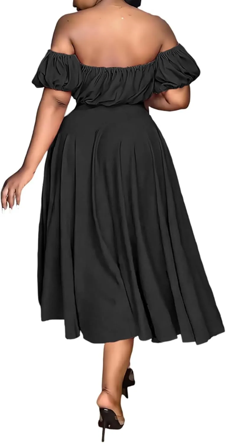 Tcremisa Women's 2 Piece Skirts Outfits Solid Color Off Shoulder Ruched Wrap Chest Crop Tops Swing Skirts Sets