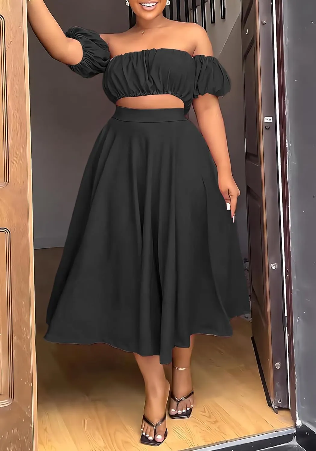 Tcremisa Women's 2 Piece Skirts Outfits Solid Color Off Shoulder Ruched Wrap Chest Crop Tops Swing Skirts Sets