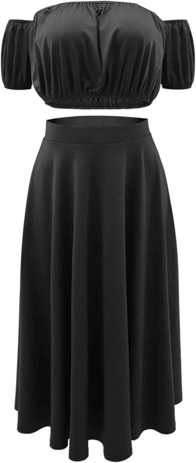 Tcremisa Women's 2 Piece Skirts Outfits Solid Color Off Shoulder Ruched Wrap Chest Crop Tops Swing Skirts Sets