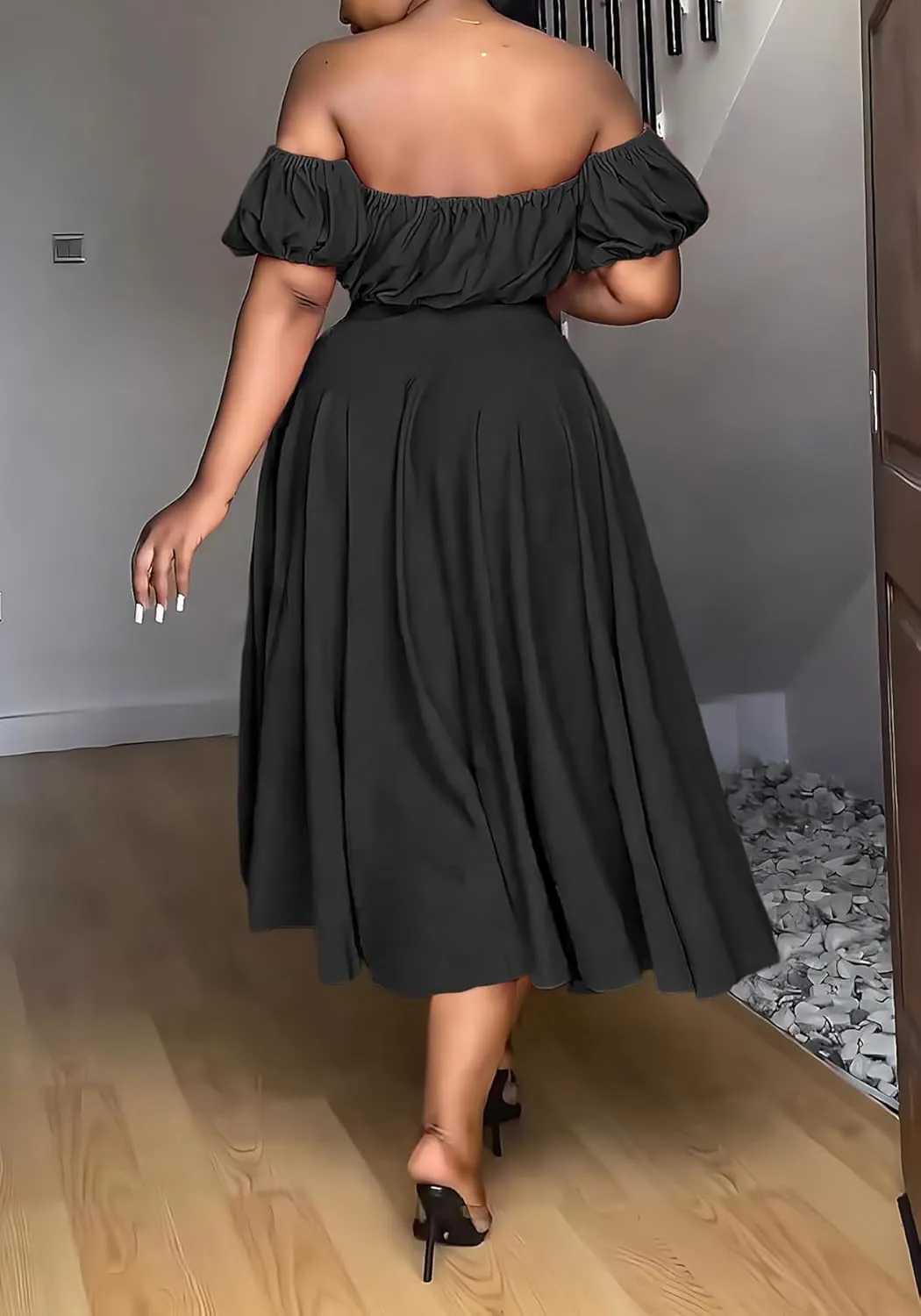 Tcremisa Women's 2 Piece Skirts Outfits Solid Color Off Shoulder Ruched Wrap Chest Crop Tops Swing Skirts Sets