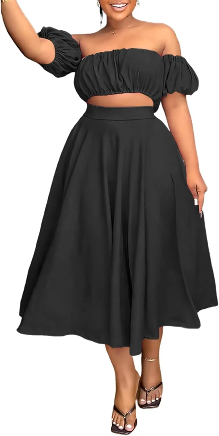 Tcremisa Women's 2 Piece Skirts Outfits Solid Color Off Shoulder Ruched Wrap Chest Crop Tops Swing Skirts Sets