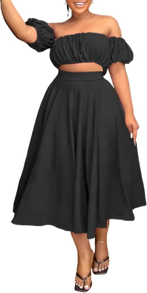 Tcremisa Women's 2 Piece Skirts Outfits Solid Color Off Shoulder Ruched Wrap Chest Crop Tops Swing Skirts Sets