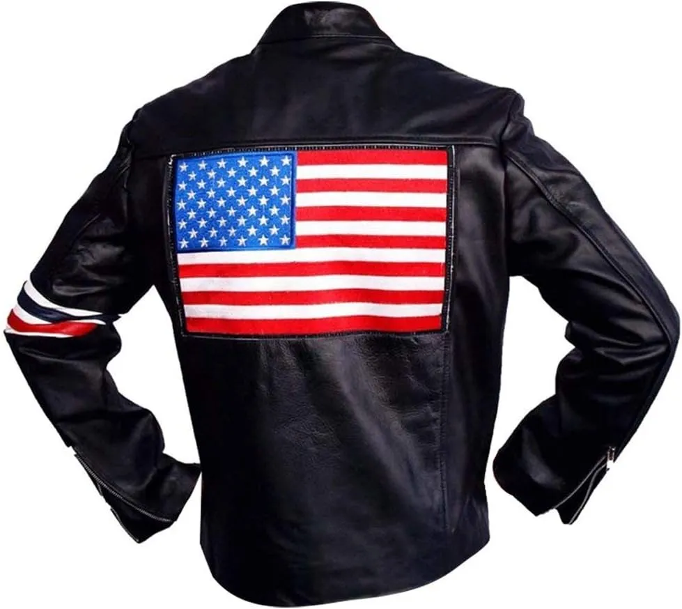 The Jasperz Easy Peter Fonda USA Flag Americn Star Rider Biker Synthetic Leather Jacket